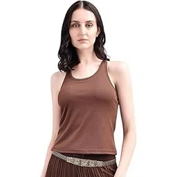 evelvie Women's Padded Ribbed Tank Top, Round Neck, Criss Cross Back, Sleeveless Slim Fit, Activewear-picture-37