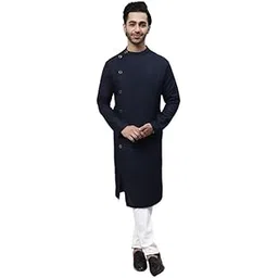 even Men's Collection Ethnic Wear Cotton Linen Solid Regular Sherwani Kurta with Asymetrical CutSWC-LN1058-NV2L-P-picture-21
