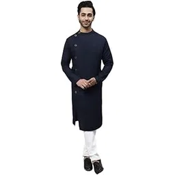 even Men's Collection Ethnic Wear Pure Cotton Solid Regular Sherwani Kurta with Asymetrical CutSWC-LN1058-NVL-P-picture-15