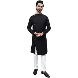 even Men's Collection Ethnic Wear Pure Cotton Solid Regular Sherwani Kurta with Asymetrical CutSWC-SLD1230-BKC-P-picture-17