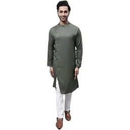 even Men's Collection Ethnic Wear Pure Cotton Solid Regular Sherwani Kurta with Asymetrical CutSWC-SLD1230-GR2C-P-picture-12