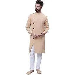 even Men's Collection Ethnic Wear Pure Cotton Solid Regular Sherwani Kurta with Asymetrical CutSWC-SLD1247-BGC-P-picture-14