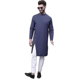 even Men's Collection Ethnic Wear Pure Cotton Solid Regular Stylish Straight Sherwani Kurta with Asymetrical CutSWC-SLD1253-GYC-P image 1