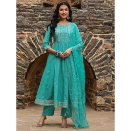 EverBloom Floral Embroidered Gotta Patti Pure Cotton Kurta with Trousers & Dupatta-picture-25