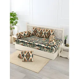 EverHOME 8Pcs Off White & Green Floral Printed Cotton Diwan Set-picture-16