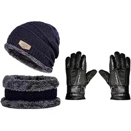 evolon deals Winter Knit Beanie Cap Hat Neck Warmer Scarf and Leather Gloves Set Winter Cap for Men Women Blue Color Cap and Gloves for Men (Combo of 3 PEC)-picture-43