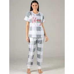 evolove Women Blue & White Checked Pure Cotton Night suit-picture-19