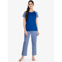 evolove Women Blue & White Checked Pure Cotton Night suit-picture-25