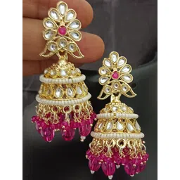 EVY Floral Gold-Plated Kundan Studded & Artificial Beaded Dome Shaped Jhumkas-picture-32