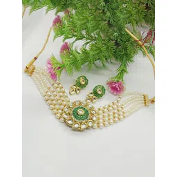 EVY Gold-Plated Polki Kundan & Pearls Studded And Beaded Choker Necklace With Earrings-picture-44