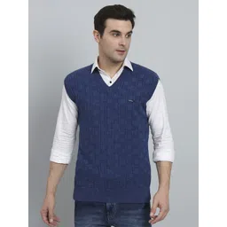 ewools Men Checkered V Neck Blue Sweater-picture-24