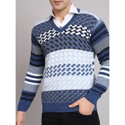 ewools Men Striped V Neck Blue, White Sweater-picture-17