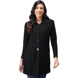 ewools Women's Wool Blend Banded Collar Neck Cardigan (Coat8-L-Black_Black_L)-picture-11