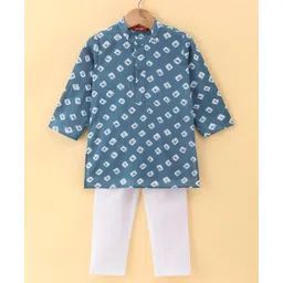 Exclusive from Jaipur Cotton Woven Full Sleeves Bandhani Print Kurta Pyjama Set-Grey & Off White-picture-13