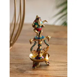 ExclusiveLane Golden Brass Handcarved Ganesha 1 Wick Diya With Gem Work-picture-39