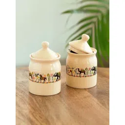 ExclusiveLane Ivory Ceramic Elephant Motif Pickle & Chutney Jar - Set of 2-picture-20