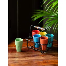 ExclusiveLane Multicolor Ceramic Tea Glasses with Holder-image-15