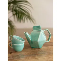 ExclusiveLane Sea Green Ceramic Handcrafted Microwave Safe Kettle & Tea Cup Set-picture-26