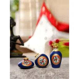 ExclusiveLane Terracotta Warli Handpainted Miniature Blue Pots Showpieces (Set Of 3)-picture-29