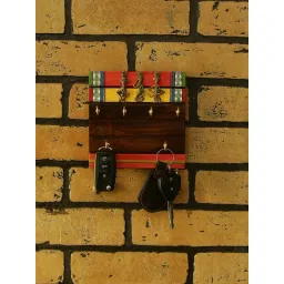 ExclusiveLane 'Tribal Borders' Warli Hand-Painted Dhokra Key Holder In Sheesham Wood (6 Hooks)-picture-25