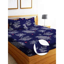 EXFAB Blue Floral Printed Pure Cotton Fitted 244 TC King Bedsheet Set 1.98 m x 1.82 m-picture-38
