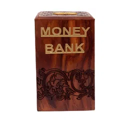 EXIM DECOR Brown Rustic Sheesham Wooden Carving With Key Piggy Bank-picture-14
