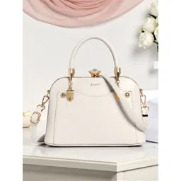 Exotic Off White & Gold Textured Structured Detachable Sling Strap Satchel with Bow Detail-picture-12