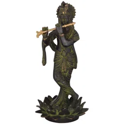 Exotic India 11" Krishna Brass Statue Handcrafted Divine Sculpture Timeless Indian Art-picture-39