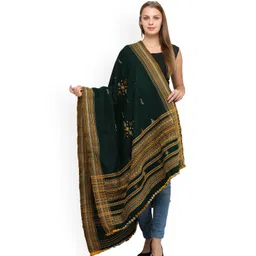 Exotic India Alpine Green Wool Embroidered Bootis and Mirrors Shawl-image-5