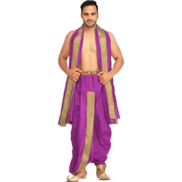 Exotic India Art Silk Dhoti and Angavastram Set with Wide Golden Border (Ready to Wear)-picture-11