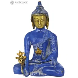 Exotic India Blue & Gold-Toned Lord Buddha Brass Idol Showpiece-picture-31