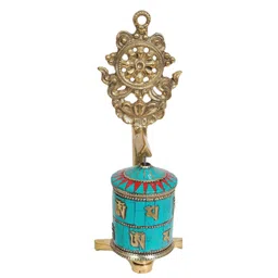 Exotic India Blue & Gold Toned Prayer Wheel With Dharma-Chakra Brass Pooja Essentials-picture-34