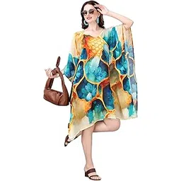 exotic india blue and yellow floral print georgette short kaftan lightweight beach cover up and resort wear for women-picture-10