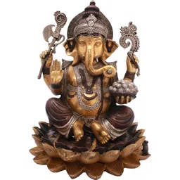 Exotic India Brown & Gold-Toned Lord Ganesha Seated on Lotus Religious Idol Showpiece-picture-20