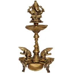 Exotic India Brown Brass Ganesha Diya With Three Rats-picture-31
