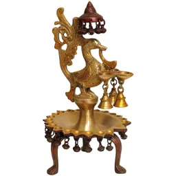 Exotic India Brown Brass Textured Peacock Lamp With Ghungroos & Bells-picture-27