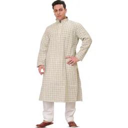 Exotic India Checked Mandarin Collar Pure Cotton Kurta With Pyjamas-picture-18