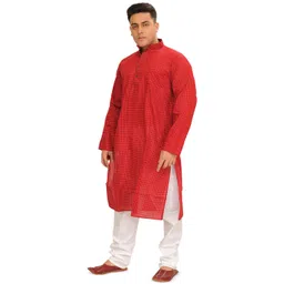Exotic India Cheked Mandarin Collar Pure Cotton Pathani Kurta With Pyjamas-picture-24