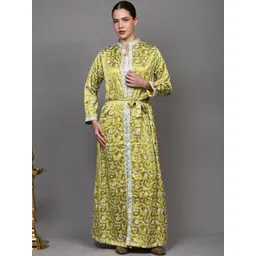 Exotic India Cress-Green Kashmiri Robe with Waist Belt and Aari Embroidered Floral Sprigs-image-7