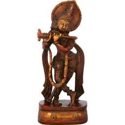Exotic India Double Chola Brown & Gold Toned Lord Krishna Religious Brass Idol Showpiece-picture-12
