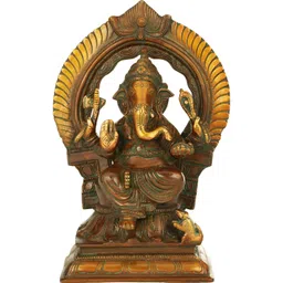 Exotic India Double Chola Gold-Toned & Brown Lord Ganesha Religious Brass Idol Showpiece image 1