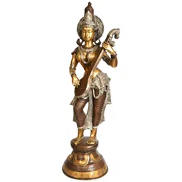 Exotic India Gold-Toned & Brown Standing Goddess Saraswati Religious Idol Showpiece-picture-13