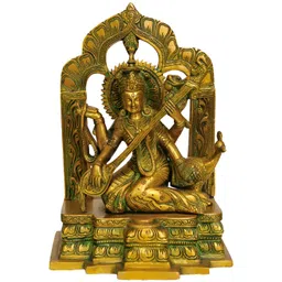 Exotic India Gold-Toned & Green Goddess Saraswati Religious Idol Showpiece-picture-22
