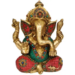 Exotic India Gold-Toned & Green Lord Ganesha Religious Idol Showpiece-picture-18