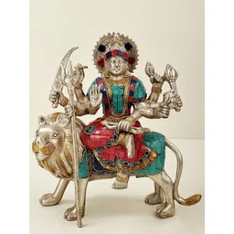 Exotic India Gold Toned & Green Mother Goddess Durga Religious Idol Showpiece-picture-25