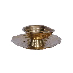 Exotic India Gold Toned Brass Diya With Attached Thali-picture-25