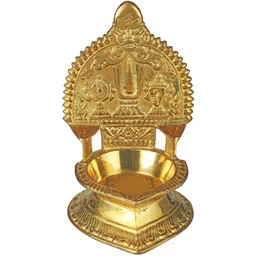 Exotic India Gold toned Brass Lamp With Vaishnava Symbols-picture-31