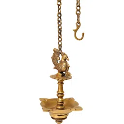 Exotic India Gold Toned Brass Peacock Ceiling Puja Lamp-picture-34