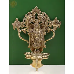 Exotic India Gold Toned Brass Tirupati Balaji Wall Hanging With Diya-image-10
