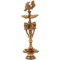 Exotic India  Gold-Toned Brass Two Layer Wicks Ritual Lamp-image-30